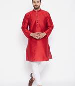 Red woven dupion silk men-kurtas