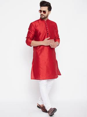 Red woven dupion silk men-kurtas 2