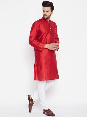 Red woven dupion silk men-kurtas 3
