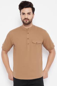 Beige plain cotton men-kurtas