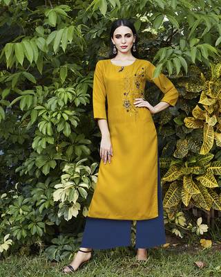Yellow embroidered cotton ethnic-kurtis 1