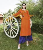Orange embroidered cotton ethnic-kurtis