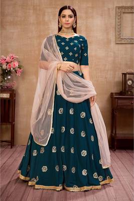 Teal Color Foil Work Womens Semi Stitched Lehenga With Unstitched Choli   1