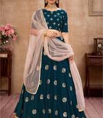 Teal Color Foil Work Womens Semi Stitched Lehenga With Unstitched Choli  