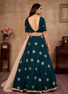 Teal Color Foil Work Womens Semi Stitched Lehenga With Unstitched Choli   2