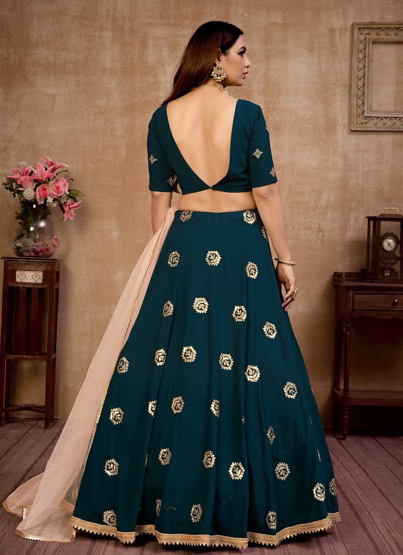 Teal Color Foil Work Womens Semi Stitched Lehenga With Unstitched Choli  