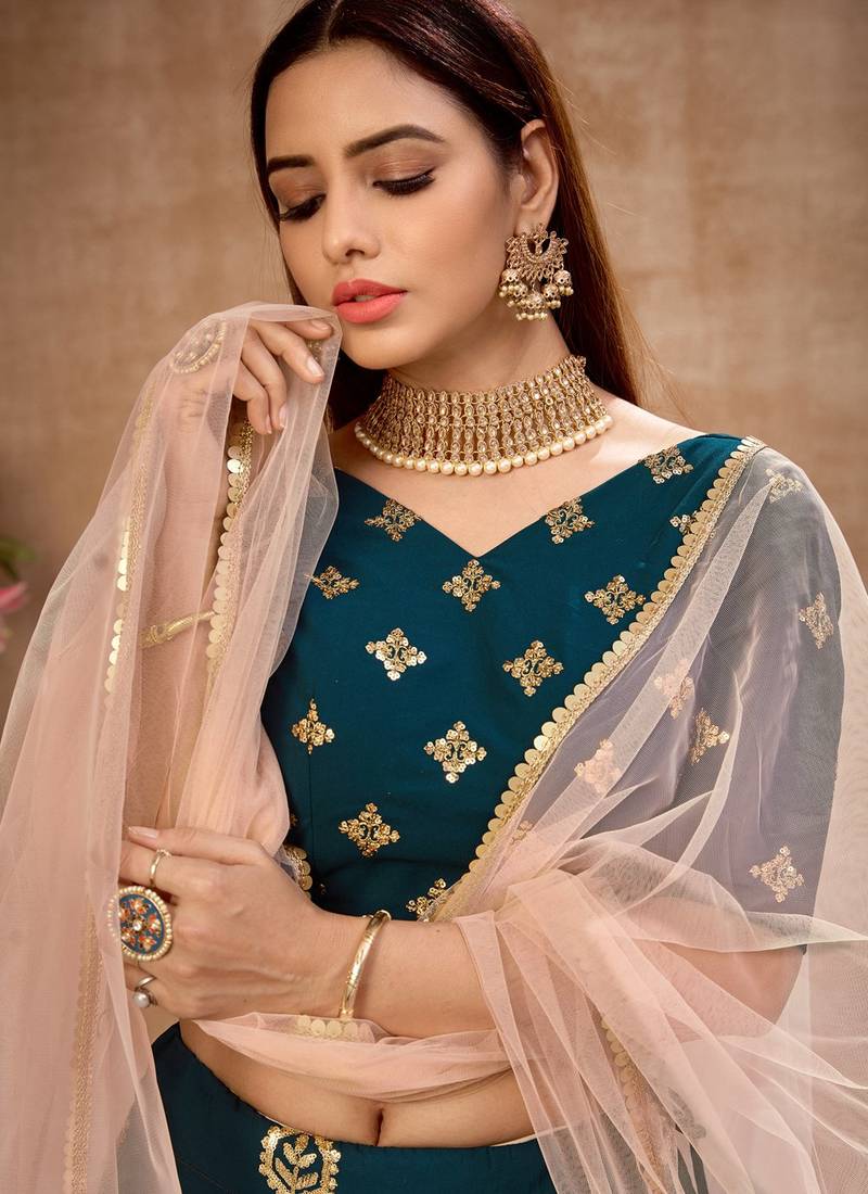 Teal Color Foil Work Womens Semi Stitched Lehenga With Unstitched Choli  