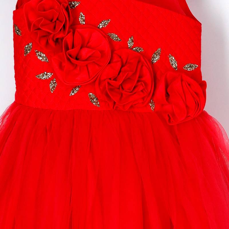 Floral  chest embroidered gown in deep coral colour