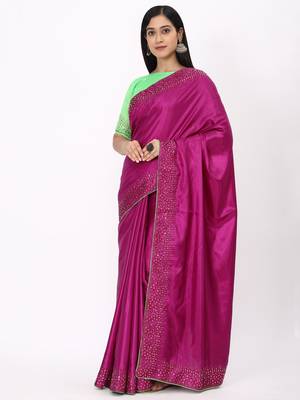 Purple Embroidered Silk Blend Saree With Blouse 1