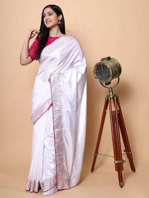 White Embroidered Silk Blend Saree With Blouse 1