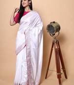 White Embroidered Silk Blend Saree With Blouse
