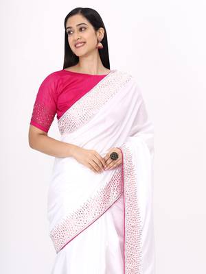White Embroidered Silk Blend Saree With Blouse 2