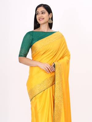 Yellow Embroidered Silk Blend Saree With Blouse 2