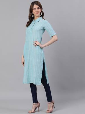 Blue woven cotton ethnic-kurtis 2