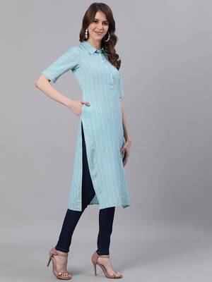 Blue woven cotton ethnic-kurtis 4