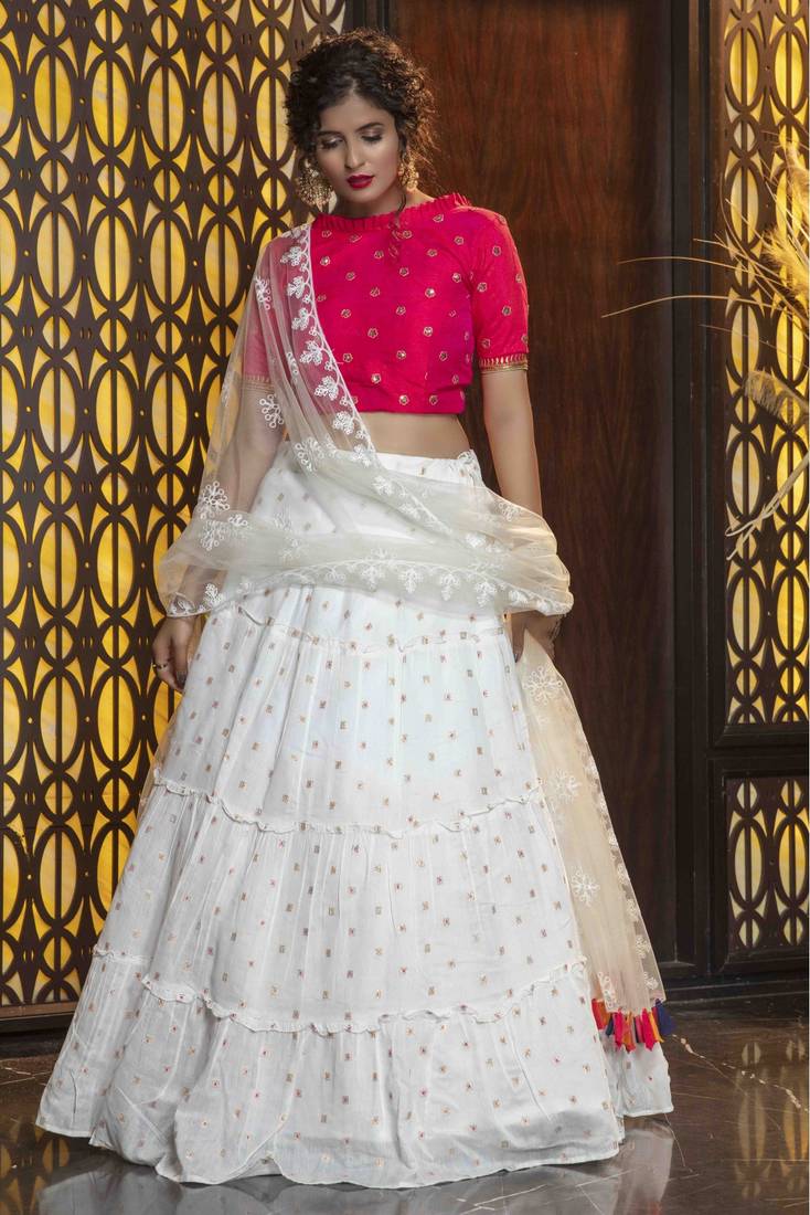 White And Pink  Color Embroidered Work Womens Semi Stitched Lehenga With Unstitched Choli  