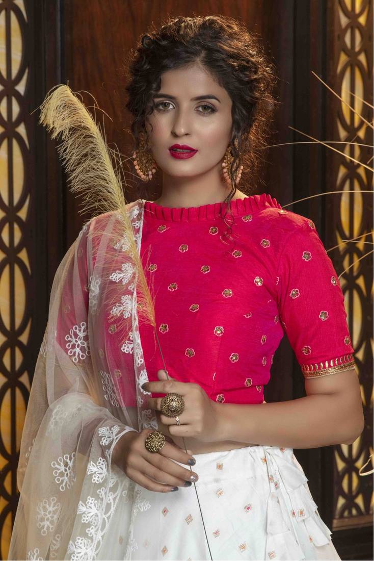 White And Pink  Color Embroidered Work Womens Semi Stitched Lehenga With Unstitched Choli  