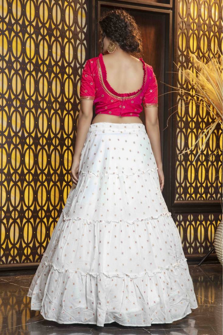 White And Pink  Color Embroidered Work Womens Semi Stitched Lehenga With Unstitched Choli  