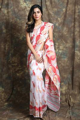 White hand woven blended cotton saree  1
