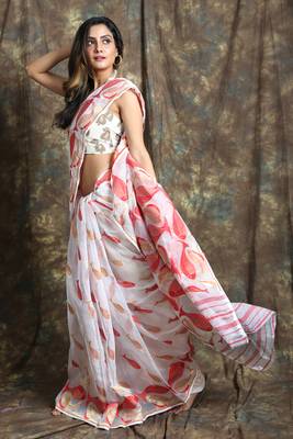 White hand woven blended cotton saree  2