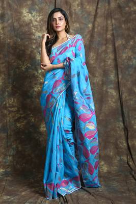 Blue Hand Woven Blended Cotton Saree Without Blouse 1