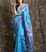 Blue Hand Woven Blended Cotton Saree Without Blouse