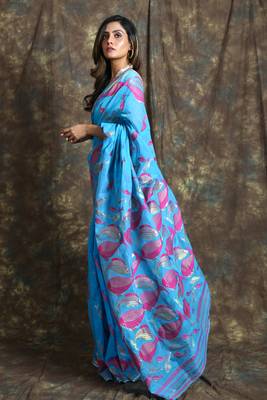 Blue Hand Woven Blended Cotton Saree Without Blouse 2