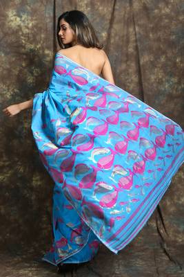 Blue Hand Woven Blended Cotton Saree Without Blouse 3