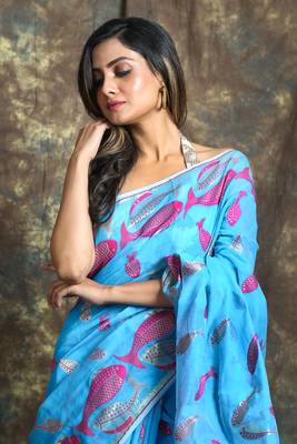 Blue Hand Woven Blended Cotton Saree Without Blouse 4