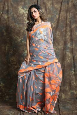 Grey hand woven blended cotton saree  1