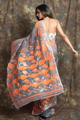 Grey hand woven blended cotton saree  3