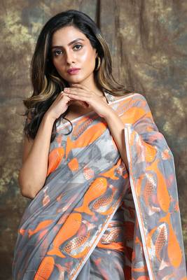 Grey hand woven blended cotton saree  4