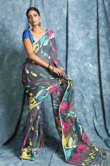 Grey Hand Woven Blended Cotton Saree Without Blouse