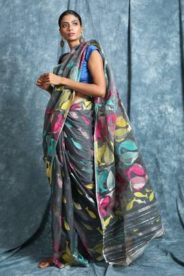 Grey Hand Woven Blended Cotton Saree Without Blouse 2