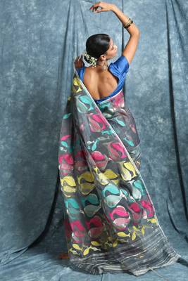 Grey Hand Woven Blended Cotton Saree Without Blouse 3