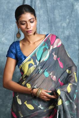 Grey Hand Woven Blended Cotton Saree Without Blouse 4