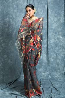 Dark Grey Hand Woven Blended Cotton Saree Without Blouse
