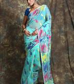 Blue hand woven blended cotton saree 