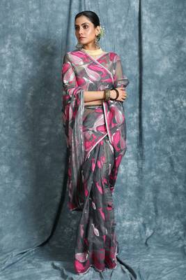 Dark Grey Hand Woven Blended Cotton Saree Without Blouse 1