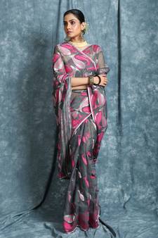 Dark Grey Hand Woven Blended Cotton Saree Without Blouse