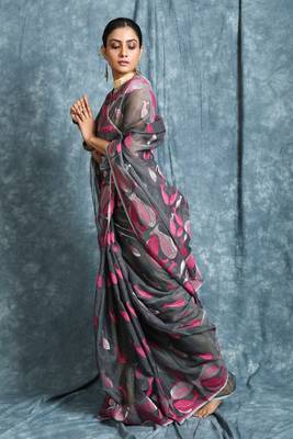 Dark Grey Hand Woven Blended Cotton Saree Without Blouse 2