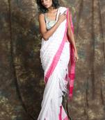 White plain blended cotton saree with blouse
