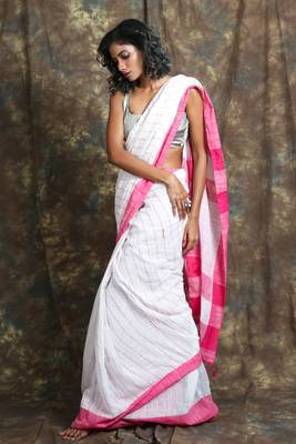 White plain blended cotton saree with blouse 2