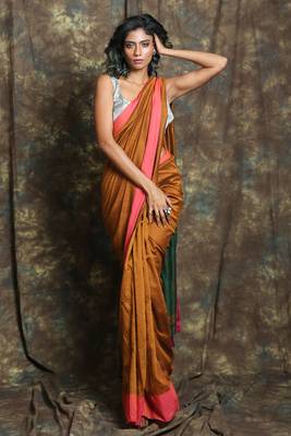 Dark yellow plain blended cotton saree with blouse 1