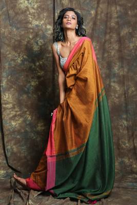 Dark yellow plain blended cotton saree with blouse 2