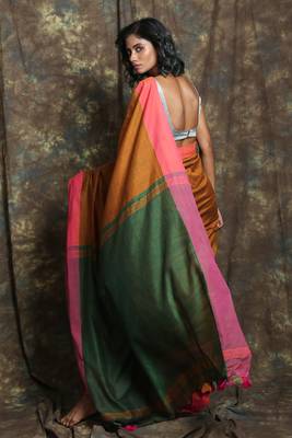 Dark yellow plain blended cotton saree with blouse 3