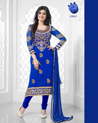 Blue embroidered georgette unstitched salwar with dupatta 1