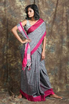 Grey plain blended cotton saree with blouse 1
