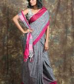 Grey plain blended cotton saree with blouse