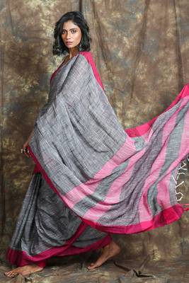 Grey plain blended cotton saree with blouse 2
